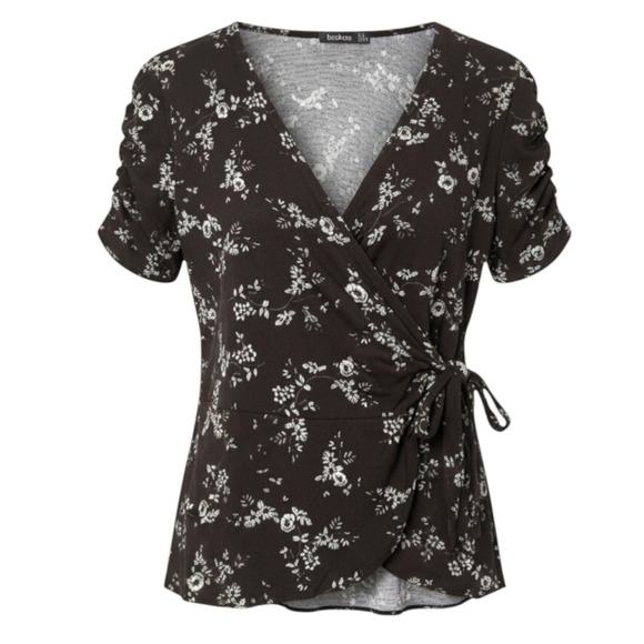 Boohoo Tops - Boohoo Womens Brown Floral Wrap Top Ruched Short Sleeve V-Neck Size US 16